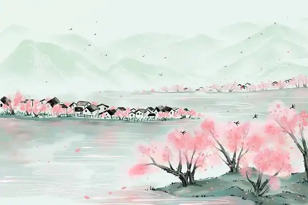 江南水乡烟雨朦胧粉色桃花流水人家水墨插画江南水乡水墨插画
