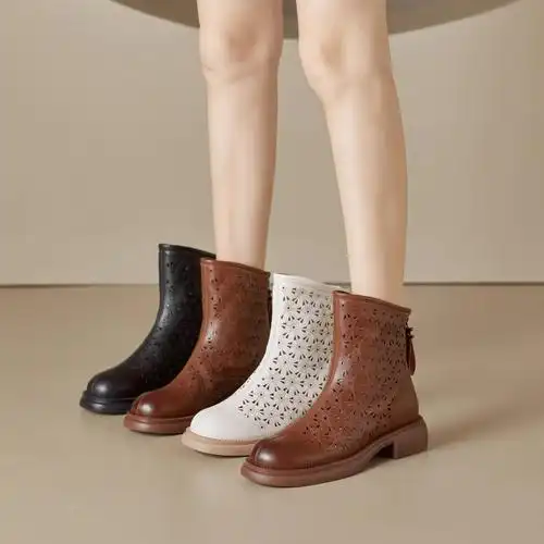 2024年春秋马丁靴女镂空凉鞋真皮后拉链短靴洞洞女靴