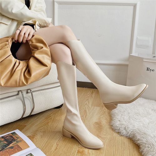 白色长靴女夏薄款2022新款春季厚底小个子v口长筒靴骑士靴高筒靴