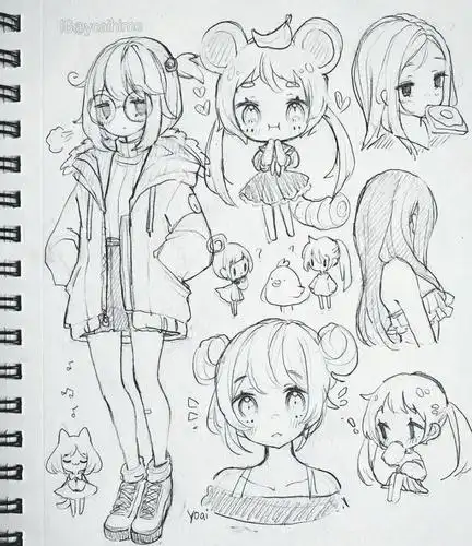 手绘线描手稿素材可爱动漫人物铅笔稿