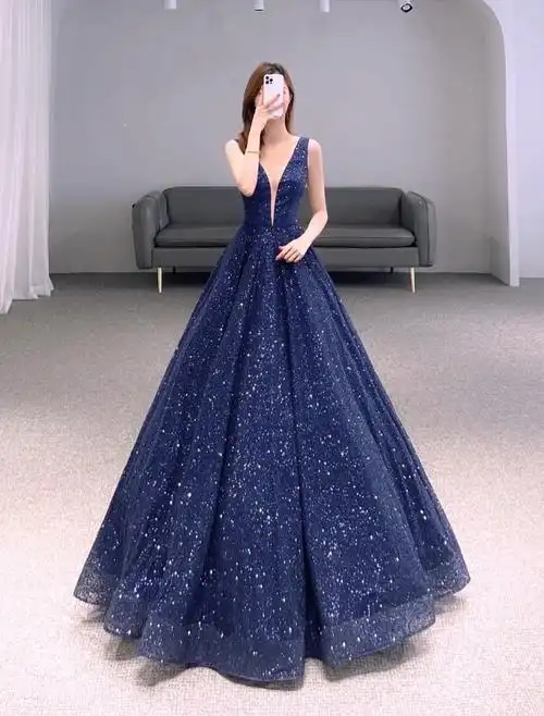 蓝色婚纱礼服v领高级质感晚宴大气显瘦蓬蓬裙舞台演出婚礼晚装裙