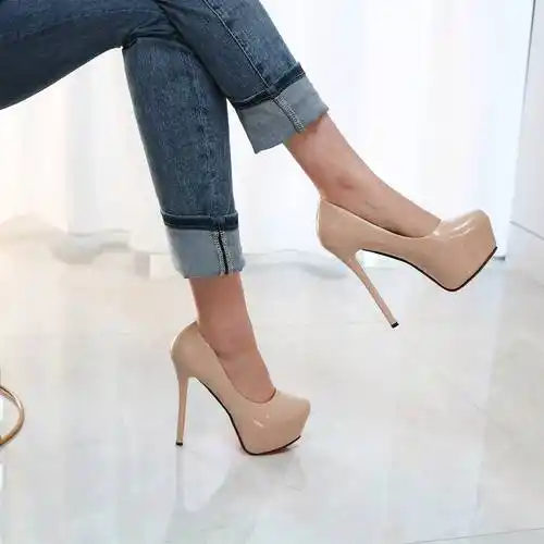 情趣高跟炮鞋床上裸色漆皮红底超高跟单鞋女浅口春季防水台细跟简