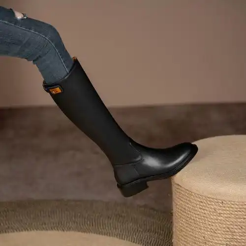 高筒靴长靴女2022秋冬新款拉链粗跟全牛皮方头显瘦不过膝后百搭真皮加