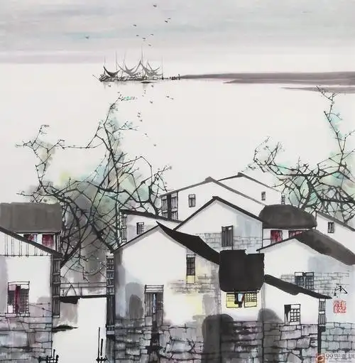 辽宁工美教授苗雨 四尺斗方《江南水乡》师从吴冠中 - 写意山水画