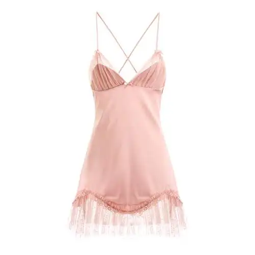仙女粉色吊带睡裙蕾丝私房蝴蝶结轻薄透明美背睡裙