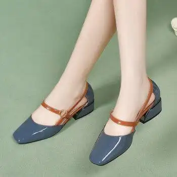 女式真皮夏天凉皮鞋包头女鞋夏款粗跟鞋单鞋夏季低跟平底鞋 蓝色方头
