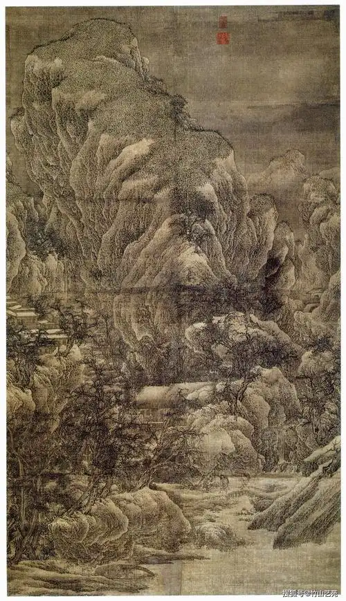 范宽 雪山楼阁图《雪景寒林图》的右方有云雾从天际间倾泻而出,由上而