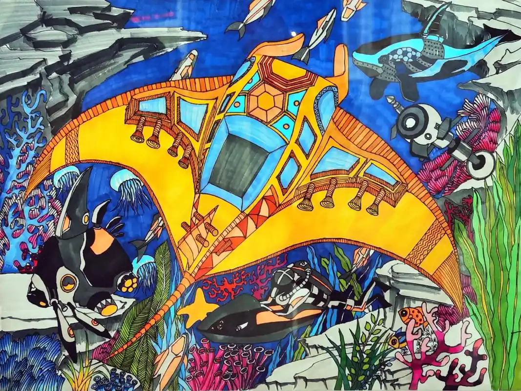 学生获奖创意儿童画作品未来科技画海底太空.#图文伙伴计划 # - 抖音