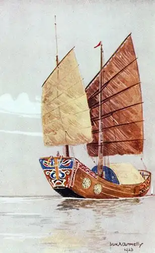 1923年,西方旅华艺术家绘制的中国木帆船.