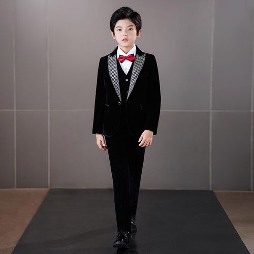 儿童黑色西服套装男带钻帅气主持人小礼服模特走秀花童钢琴演出服