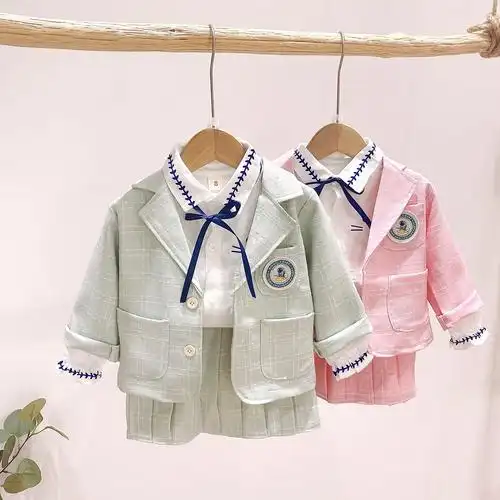 童装批发女童套装春秋款学院风韩版女宝宝衣服三件套西装裙件代发