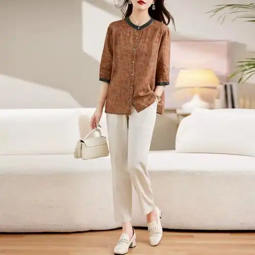 两件套高端棉麻套装2024夏装苎麻女装女装休闲复古碎花衣配阔腿裤