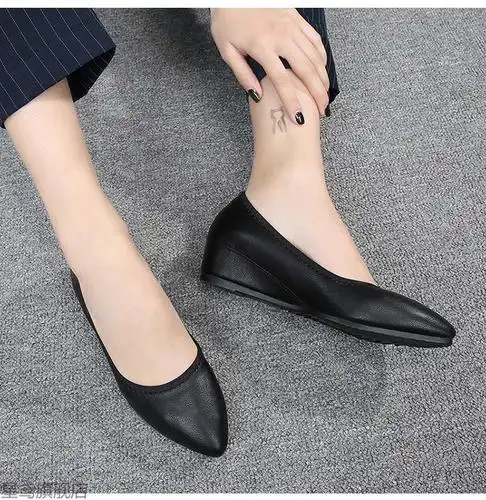 可搭配西装酒店服务员女鞋子内增高冬季黑色工作鞋女平底软底舒适上班
