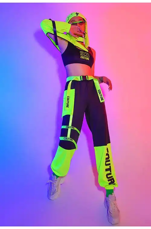 韩舞女团爵士舞服装女嘻哈街舞领舞服套装荧光色舞蹈服ds演出服长裤款