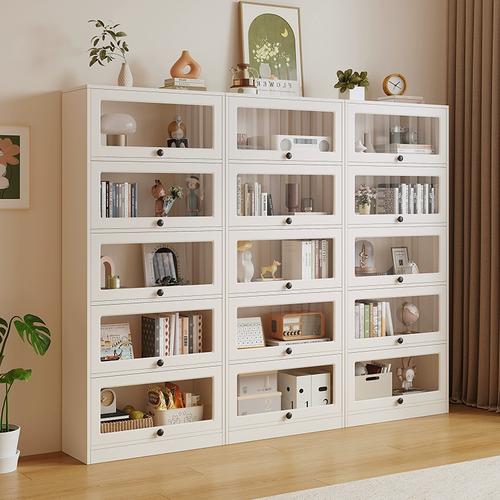 实木防尘书柜奶油风翻门玻璃书架展示柜落地简约现代书房收纳柜子