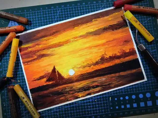 油画棒手绘 海边落日 晚霞 天空插画