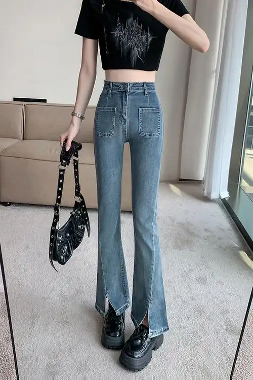 实拍实价~复古高腰开叉微喇叭甜酷风裤子女显瘦前口袋弹力牛仔… - 17