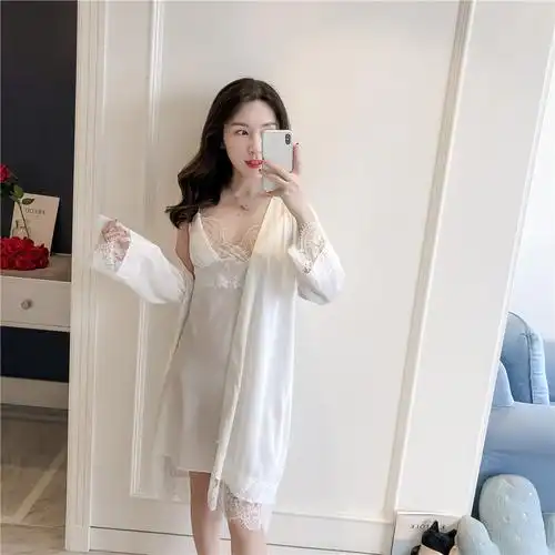 南极人真丝睡衣女春秋款性感吊带睡裙一字领抹胸两件套薄款冰丝夏季