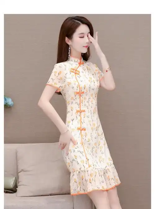 旗袍改良版连衣裙女2021新款夏气质女神范碎花小个子法式显瘦裙子