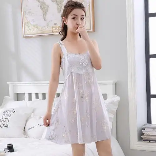 睡裙女夏季带睡衣女性感冰丝绸长款可外穿韩版清新学生蕾丝宽松