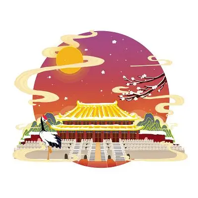 祥云环绕金色故宫仙鹤站立宫廷插画城市记忆png素材