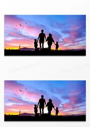一家四口夕阳摄影图合成剪影背景