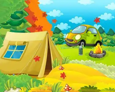 漫画地点关于野营采用指已提到的人森林和帐篷和汽车照片