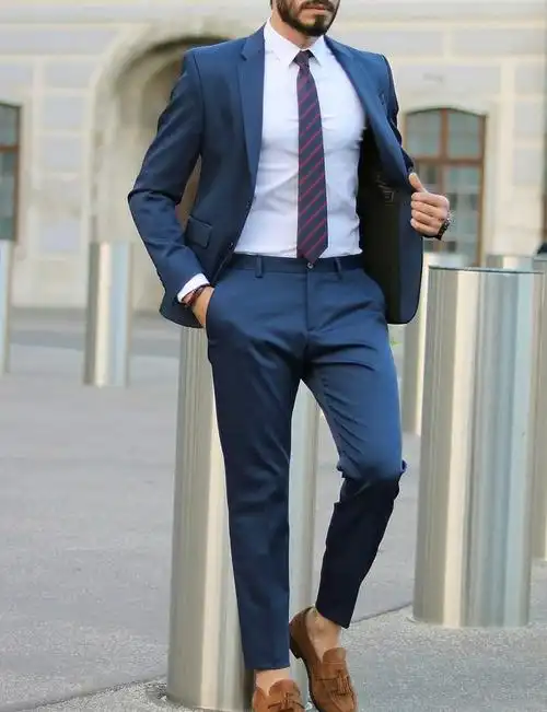 四季新款 欧美男士 修身藏蓝色单排扣西服西装 英伦时尚街拍