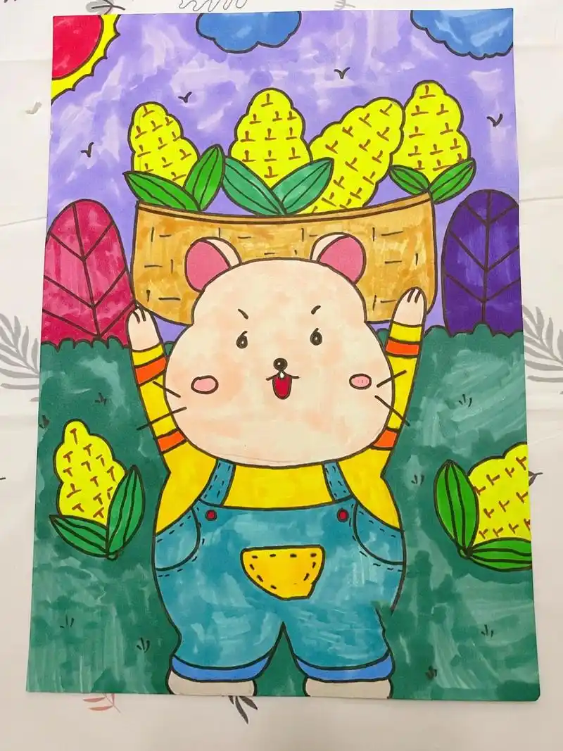 儿童简笔画《丰收的季节》 8k素描纸,勾线笔,马克笔