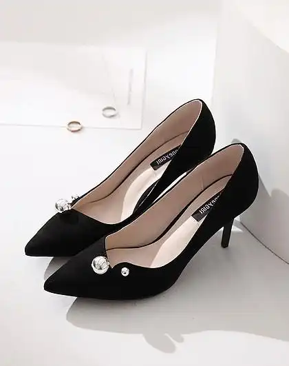 绒面尖头金属装饰细高跟欧美时尚单鞋