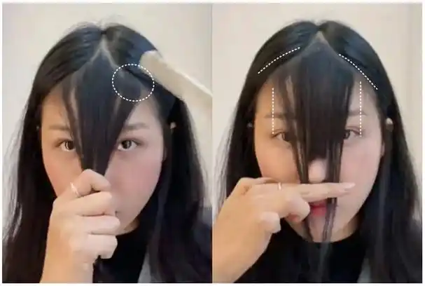 居家剪刘海步骤:修剪长度挑出两侧刘海后,一样用手指往下拉,剪到刚好