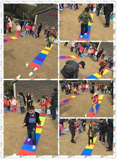 勇敢的我们不用爸爸妈妈的帮助,光脚在指压板上进行了一次比赛.