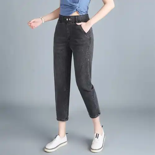 200斤大码胖mm高腰中年妈妈牛仔裤女显瘦宽松薄款八分哈伦萝卜裤