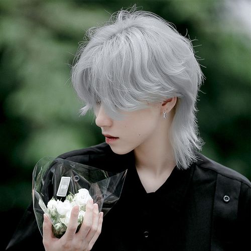 美宿狼尾假发男短发网红日系鲻鱼头发型奶奶灰帅气中分男生全头套