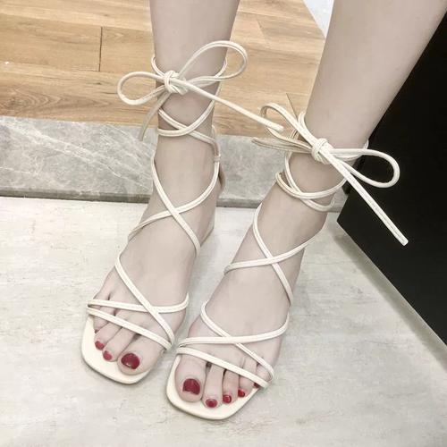 卓诗乐交叉绑带凉鞋女2023年新款系带罗马鞋ins潮仙女风粗跟高跟