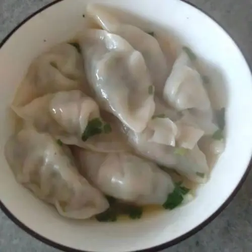 饺子煮好了,妈妈端来了一碗热腾腾的饺子,让人看着就流口水.