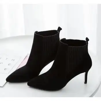 网红瘦瘦靴小跟短靴女夏单靴弹力袜子靴尖头细跟高跟鞋女裸黑色细跟34