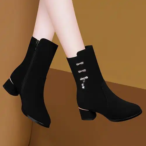 加绒黑色妈妈百搭靴子高跟秋冬季粗跟女靴