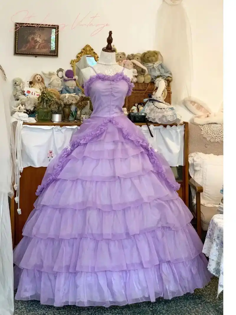 vintage美产梦幻紫蛋糕裙礼服裙