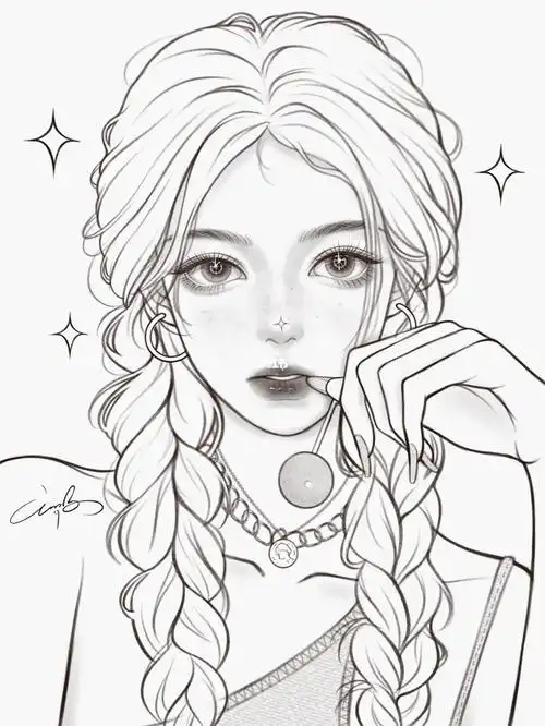 线稿练习麻花辫子女孩儿