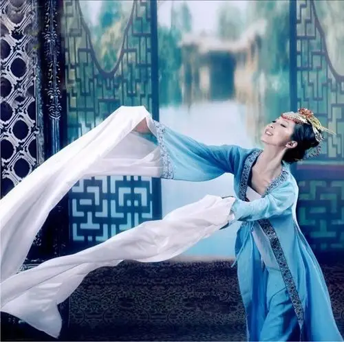 女古装唐装十面埋伏水袖舞蹈服蓝色长水袖舞衣 摄影写真女古装