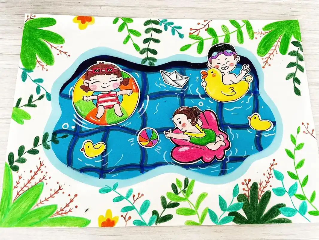 夏日泳池.夏天主题创意儿童画,9615详细步骤.