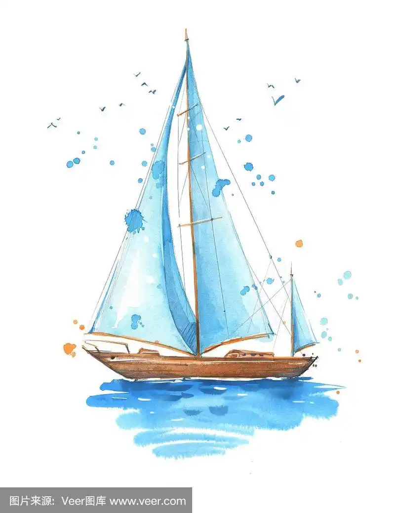 帆船,手绘水彩插图