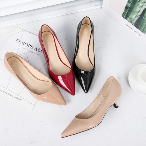 漆皮高跟鞋女低3cm尖头细跟浅口裸色单鞋春季单鞋