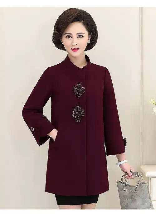 欧玉诗 妈妈装秋季新款立领风衣洋气中老年女装秋冬装中长款外套气质