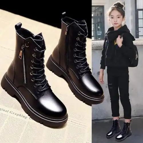 女童靴子2021秋冬新款女童鞋冬加绒儿童马丁靴女孩英伦风网红短靴