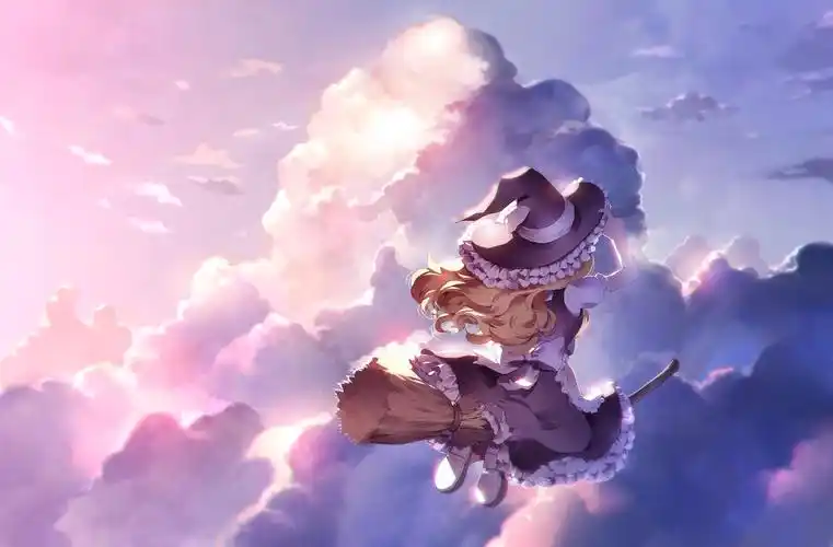 天空 女生 扫把 飞翔 女巫 背影 二次元