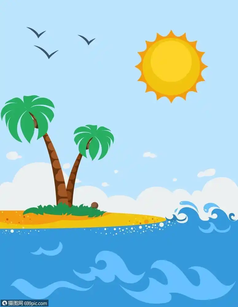 插画 其他 卡通风格的海洋景观海报海景卡通海报与沙滩棕榈树,太阳