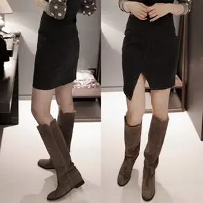 秋冬磨砂真皮高筒靴女平底粗腿长筒靴平跟内增高骑士长靴女不过膝