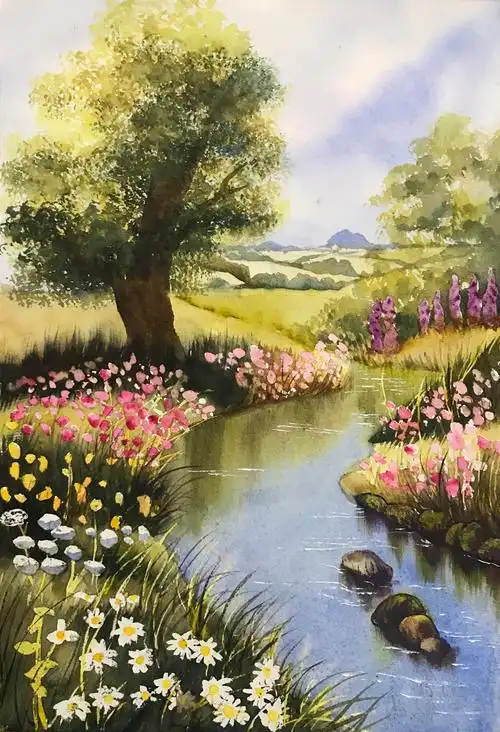 水彩风景画6盛夏河畔